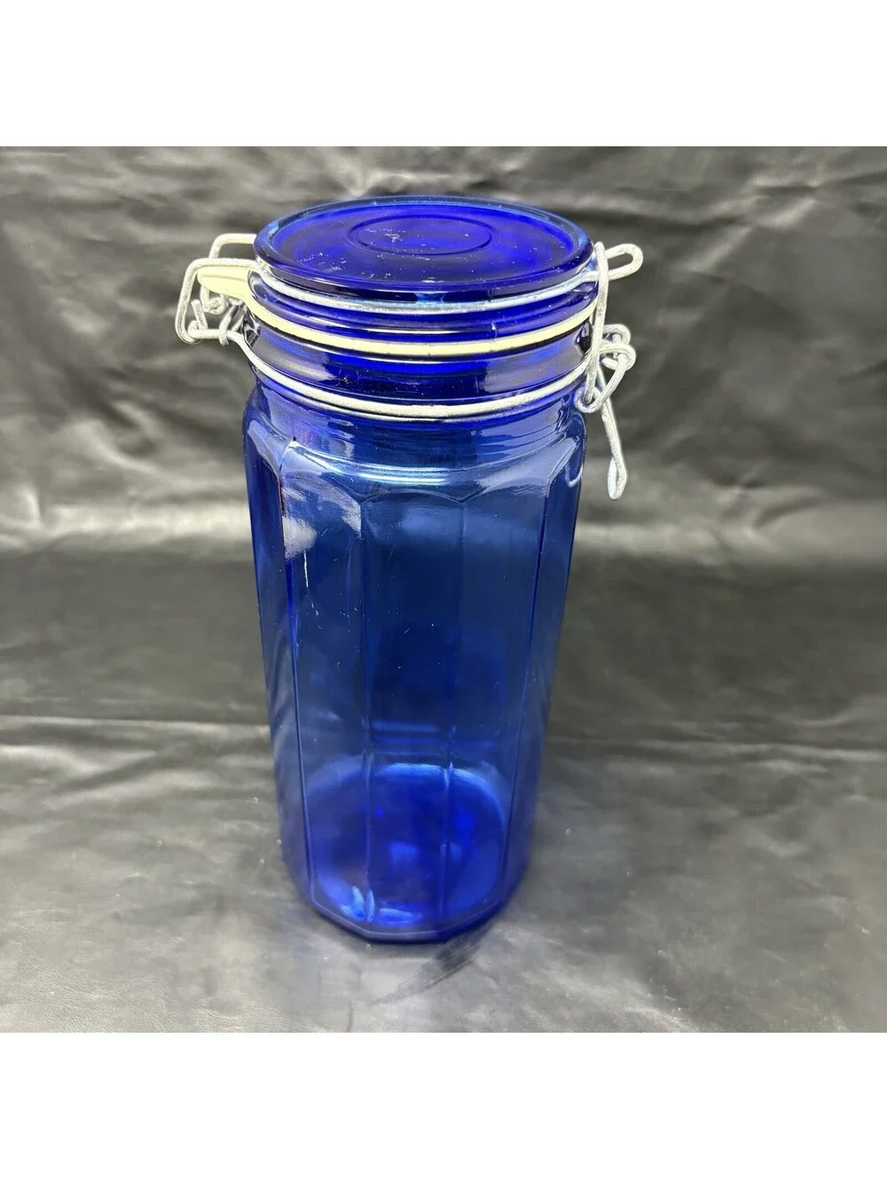 Cobalt Blue Jar Glass Storage Holder With Attached Wire Locking Lid 10” Tall